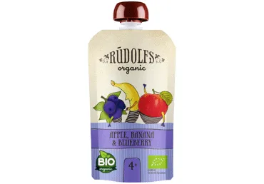 Ekologiška obuolių, bananų, mėlynių tyrelė RŪDOLFS, 4+ mėn., 110 g