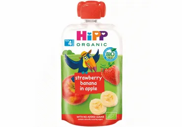 Ekologiška obuolių, bananų ir braškių tyrelė HIPP, nuo 4 mėn, 100 g