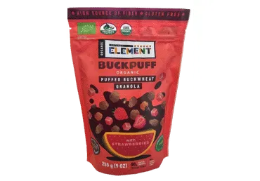 Ekologiška pūstų grikių granola BUCK PUFF su braškėmis, 255 g