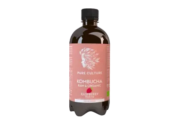 Ekologiškas aviečių skon.juodosios arbatos gėrimas KOMBUCHA, 400 ml