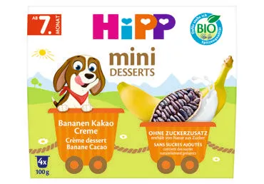 Ekologiškas desertas su bananais, kakava ir kremu HiPP