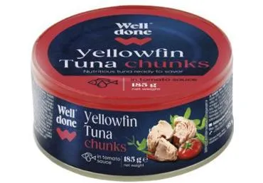 Gelsvauodegių tunų gabaliukai pomidorų padaže WELL DONE, 185 g