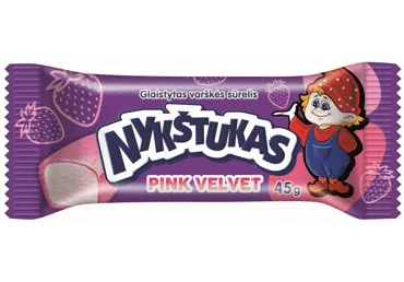 Glaist. varškės sūrelis NYKŠTUKAS PINK VELVET su braškėmis, 23,5 % rieb., 45 g