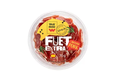 Griežinėliais pjaustyta WELL DONE vytinta dešra FUET EXTRA su iberiška kiauliena, nerūš., 70 g