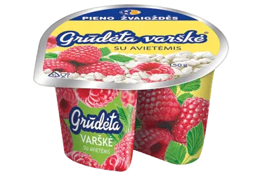GRŪDĖTA varškė su avietėmis, 7 % rieb., 150 g