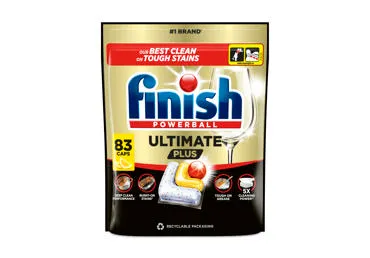 Indaplovių indų ploviklio kapsulės Finish Ultimate Plus Lemon, citrinų kvapo, 83 vnt.