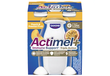 Jogurt. gėrimas ACTIMEL+, persik. ir pasifl. sk., 4 x 100 g, 400 g