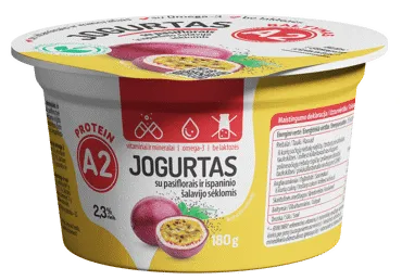 Jogurtas iš A2 pieno be laktoz. su pasiflorais, šalavijo sėklomis, 2,3% rieb., 180 g