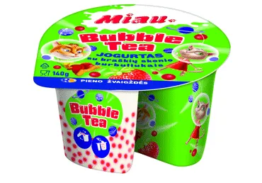 Jogurtas MIAU su braškių ir juodosios arbatos skonio burbuliukais BUBBLE TEA, 3% riebumo, 140g