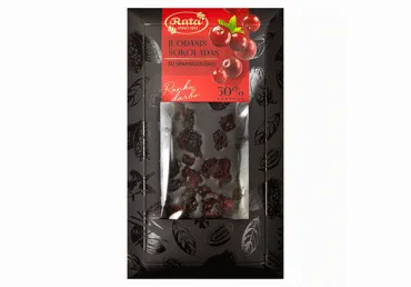 Juodasis šokoladas 75 % RŪTA su spanguolėmis, 100 g