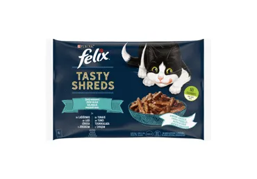Kačių ėdalas FELIX TASTY SHREDS su įvair. žuvimis, 4 x 80 g, 320 g