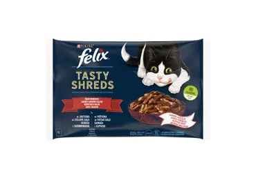 Kačių ėdalas FELIX TASTY SHREDS su įvairia mėsa, 4 x 80 g, 320 g