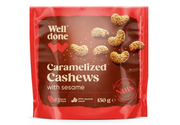 Karamelizuoti anakardžiai su sezamais WELL DONE, 150 g