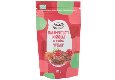 Karamelizuoti migdolai su avietėmis, 100 g