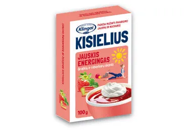 Kisielius KLINGAI, braškių ir rabarbarų skonio, su saldikliu, 100 g