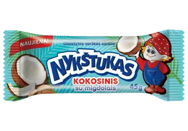 Kokosinis varškės sūrelis NYKŠTUKAS baltame pieniniame glaiste su kepintais migdolais, 25% rieb., 45 g