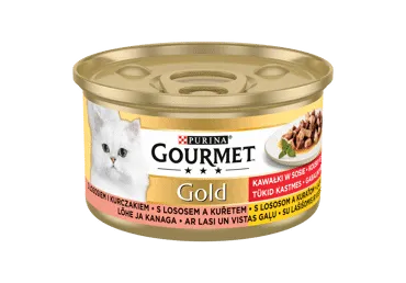 Kons. visavertis kačių ėdalas GOURMET GOLD su lašiš., višt., 85 g