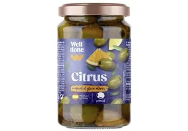 Konservuotos  žaliosios alyvuogės „Manzanilla“ citrusinių vaisių marinate (be kauliukų) WELL DONE, 340 g