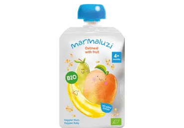 KOŠĖ Eko Mangų, bananų, kriaušių, avižų - 6 mėn 90g Pouch MARMALUZI