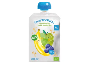 KOŠĖ Eko Obuolių, mėlynių, bananų, avižų - 6 mėn 90g Pouch MARMALUZI
