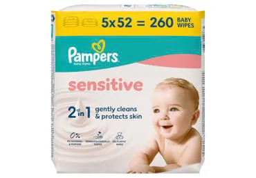 Kūdikių servetėlės PAMPERS Sensitive, Plastic Free, 5x52 vnt.