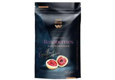 Liofilizuotos avietės baltajame šokolade WELL DONE PREMIUM, 80 g