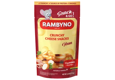 Lyd. rūkytas RAMBYNO sūrio užkandis su kumpiu, 45% rieb.s.m., 75 g