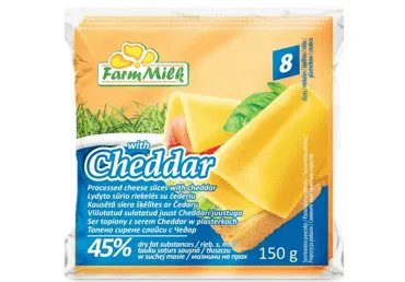 Lyd. sūris su čederiu FARM MILK, riekelės, 45 % rieb. s. m., 150 g