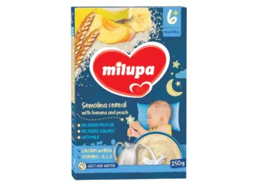Manų košė MILUPA su bananais ir persikais (nuo 6 mėn.), 250 g