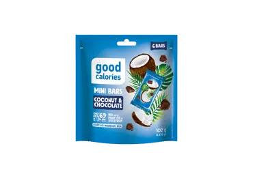 Mini riešutų batonėliai GOOD CALORIES su kokosais ir šokoladu, 102 g