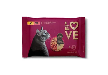 My Love visavertis konservuotas pašaras suaugusioms katėms su vištiena ir jautiena padaže, 4 x 85 g