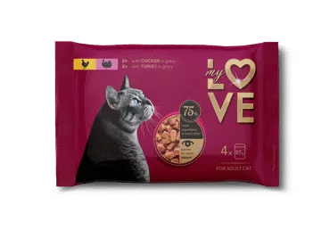 My Love visavertis konservuotas pašaras suaugusioms katėms su vištiena ir kalakutiena padaže, 4 x 85 g