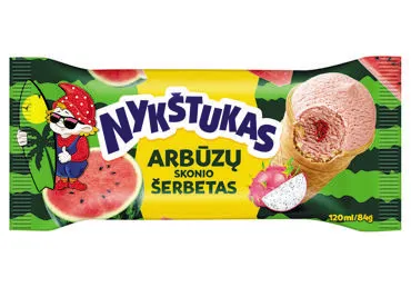 Arbūzų skonio šerbetas NYKŠTUKAS su kertuočių (Drakono vaisių) įdaru vafliniame puodelyje, 84 g