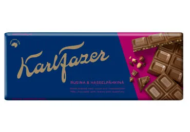 NAUJA! Pieninis šokoladas su razinomis ir riešut. KARL FAZER, 180 g