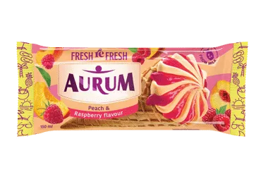 NAUJA! Valg. ledai AURUM, persikų skonio, su aviečių įd., 98 g