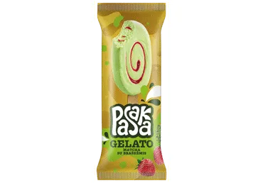 Grietininiai ledai PASAKA GELATO su japoniška žaliąja arbata mačia ir braškių įdaru 67 g