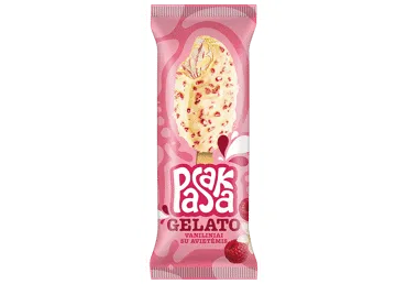 Vaniliniai grietininiai ledai PASAKA GELATO su aviečių įdaru ir jogurtiniu glaistu su aviečių gabaliukais, 82 g
