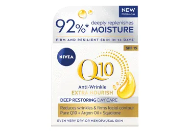 NIVEA Q10 ANTI-WRINKLE EXTRA NOURISH GILIAI ODĄ ATKURIANTIS DIENINIS KREMAS SU SPF15, 50 ml