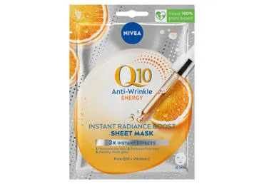 NIVEA Q10 ENERGY lakštinė veido kaukė, prisotinta energizuojančio serumo, pavargusiai ir papilkėjusiai odai.