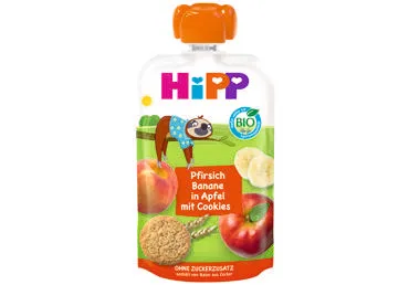 Obuolių, persikų ir bananų tyrelė HIPP su sausain.(12+ mėn.), 100 g