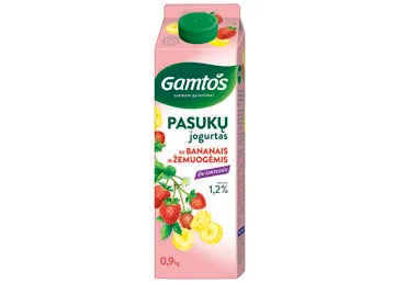Pasukų jogurtas GAMTOS su bananais ir žemuogėmis, 1,2% r., be laktozės, 900 g