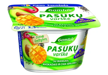 Pasukų varškė be laktozės GAMTOS  su mangais, avokadais ir ispaninio šalavijo (Salvia hispanica) sėklomis (chia sėklomis) 2,3% rieb., 130 g