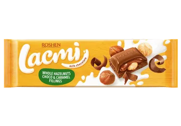 Piena šokolāde LACMI ar veseliem lazdu riekstiem un karameļu pildījumu 295g