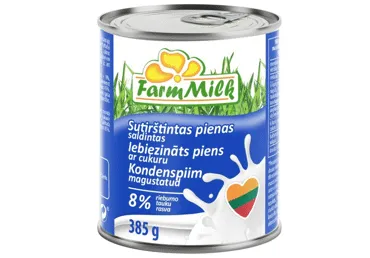 Saldintas sutirštintas pienas FARM MILK, 8 % rieb., 385 g