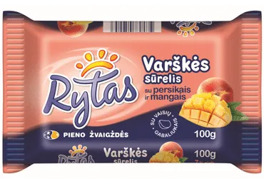 Saldus varškės sūrelis RYTAS su persikais ir mangais, 7 % rieb., 100 g