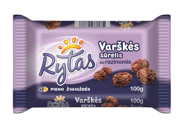 Saldus varškės sūrelis RYTAS su razinomis, 8 % rieb., 100 g