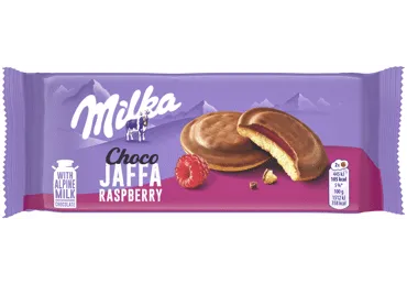 Sausainiai MILKA CHOCO JAFFA su aviečių skonio įdaru, 147 g