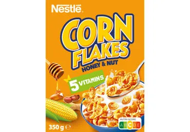 Sausi pusryčiai NESTLE CORN FLAKES su medumi ir riešutais, 350 g
