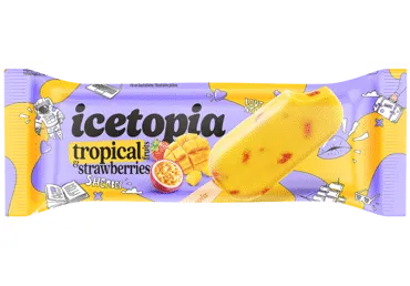 Šerbetas ICETOPIA, tropinių vaisių skonio su braškių gabaliukais, 70 g