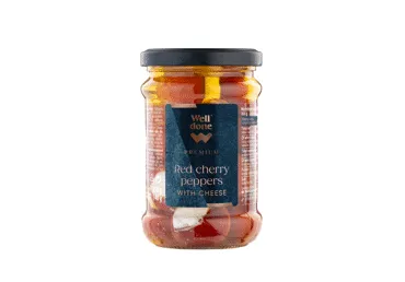 Sūriu įdarytos raudonos vyšninės paprikos WELL DONE PREMIUM, rapsų aliejuje, 250 g
